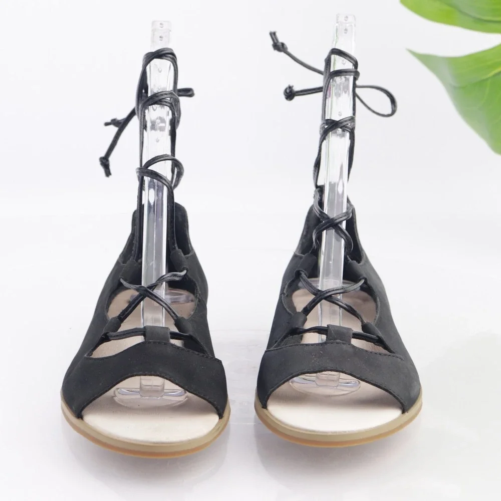 J JIll Womens Sandals Size 6.5  Black Leather Flat Ankle Wrap Tie Open Toe Shoes